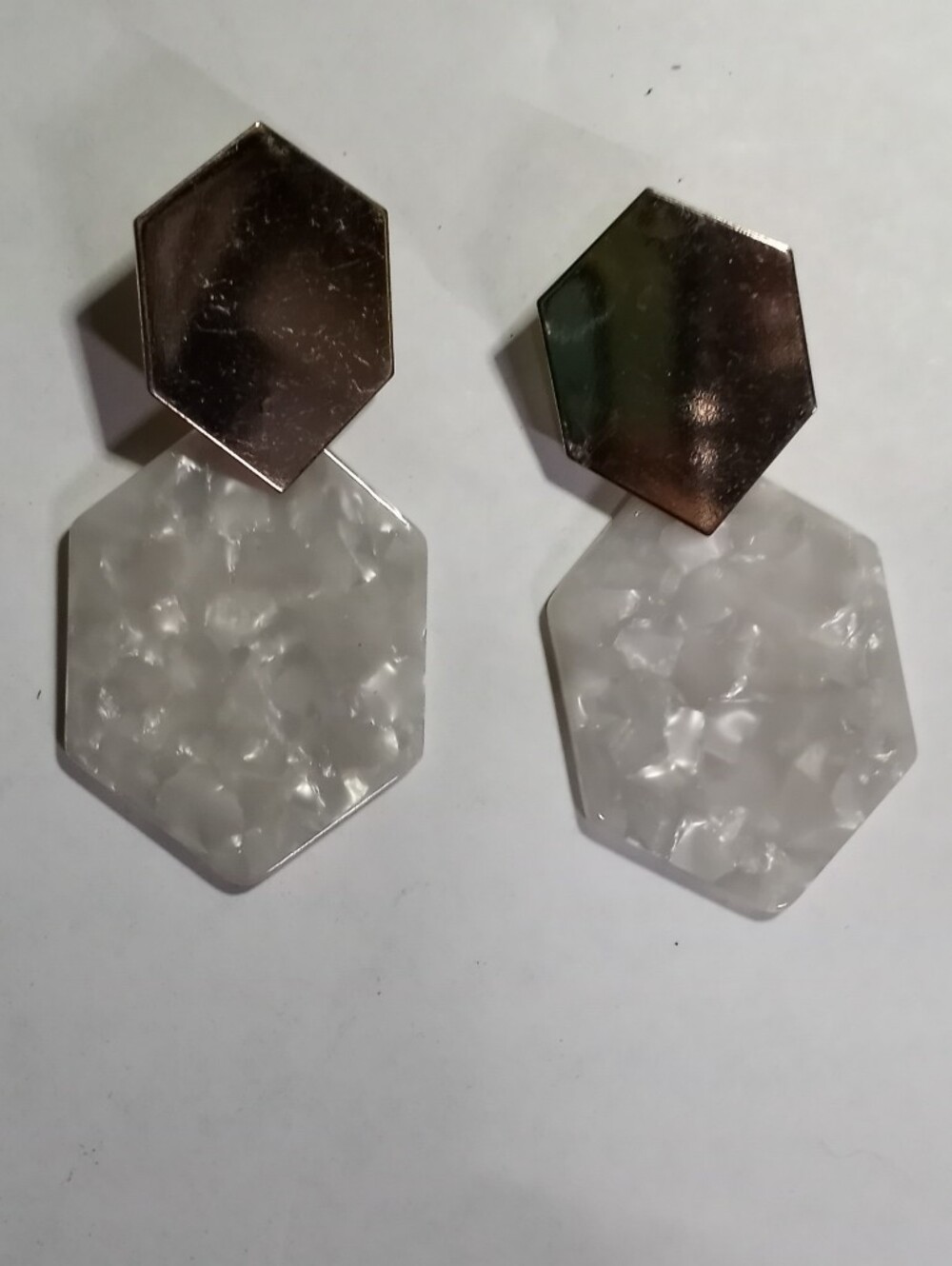 Hexagon Drop Earrings in Marble White and Gold